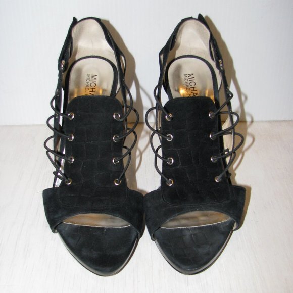 Authentic Michael Kors High Heels Jillian Open Toe Black Suede Shoes (Size 9) - Picture 2 of 9